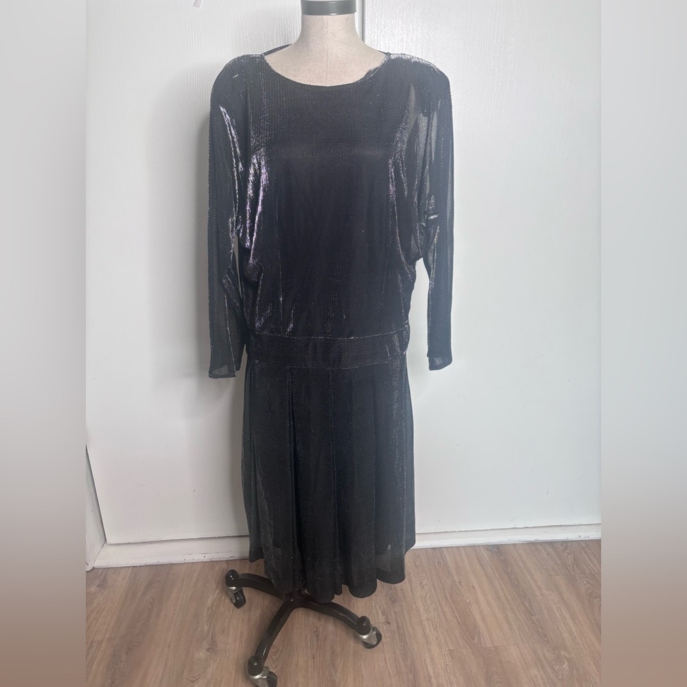 Vintage Chez California Black Shimmer Dress Long Sleeve Midi